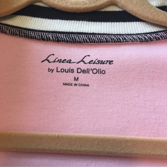 Pink sweater with black & white striped trim featuring bright florals size M - Picture 7 of 8